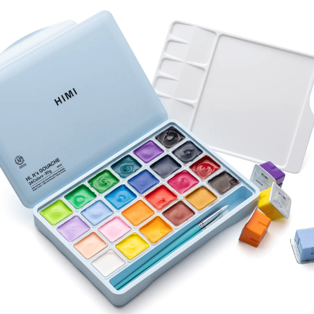 HIMI Gouache Set 24 kleuren in box Ice blue + 3 penselen