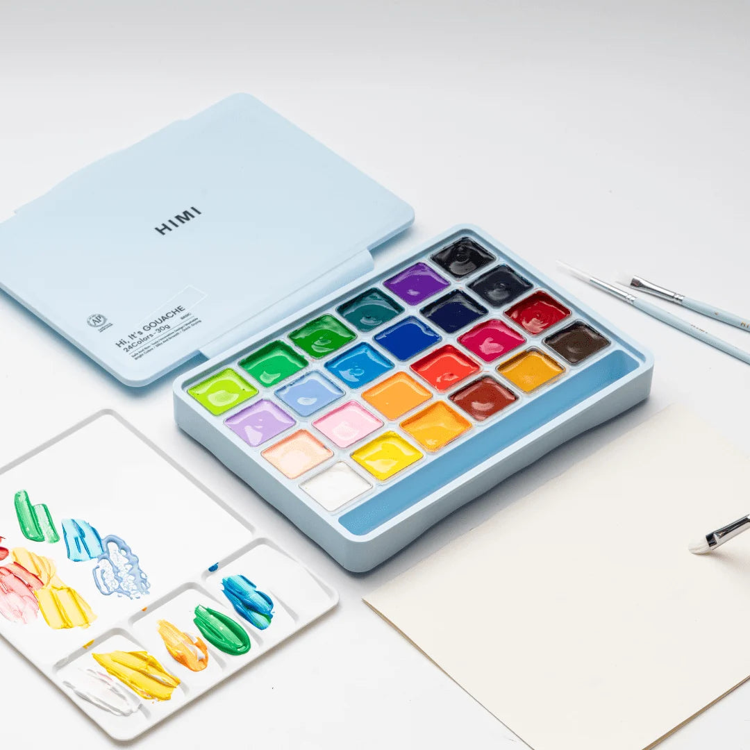 HIMI Gouache Set 24 kleuren in box Ice blue + 3 penselen