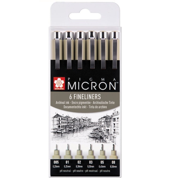 Pigma Micron 6 Set Fineliners ZWART Sakura Diverse maten